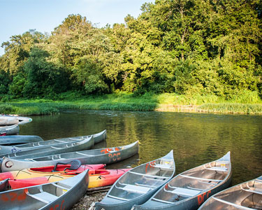 lake with canoes